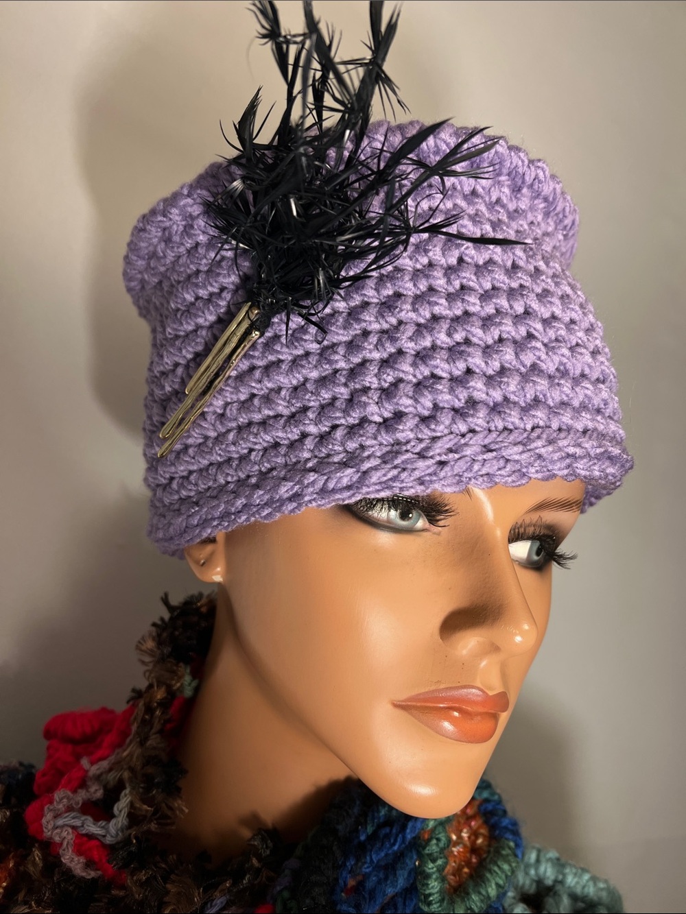 Lavender Crochet Beanie with Black Feather Accent